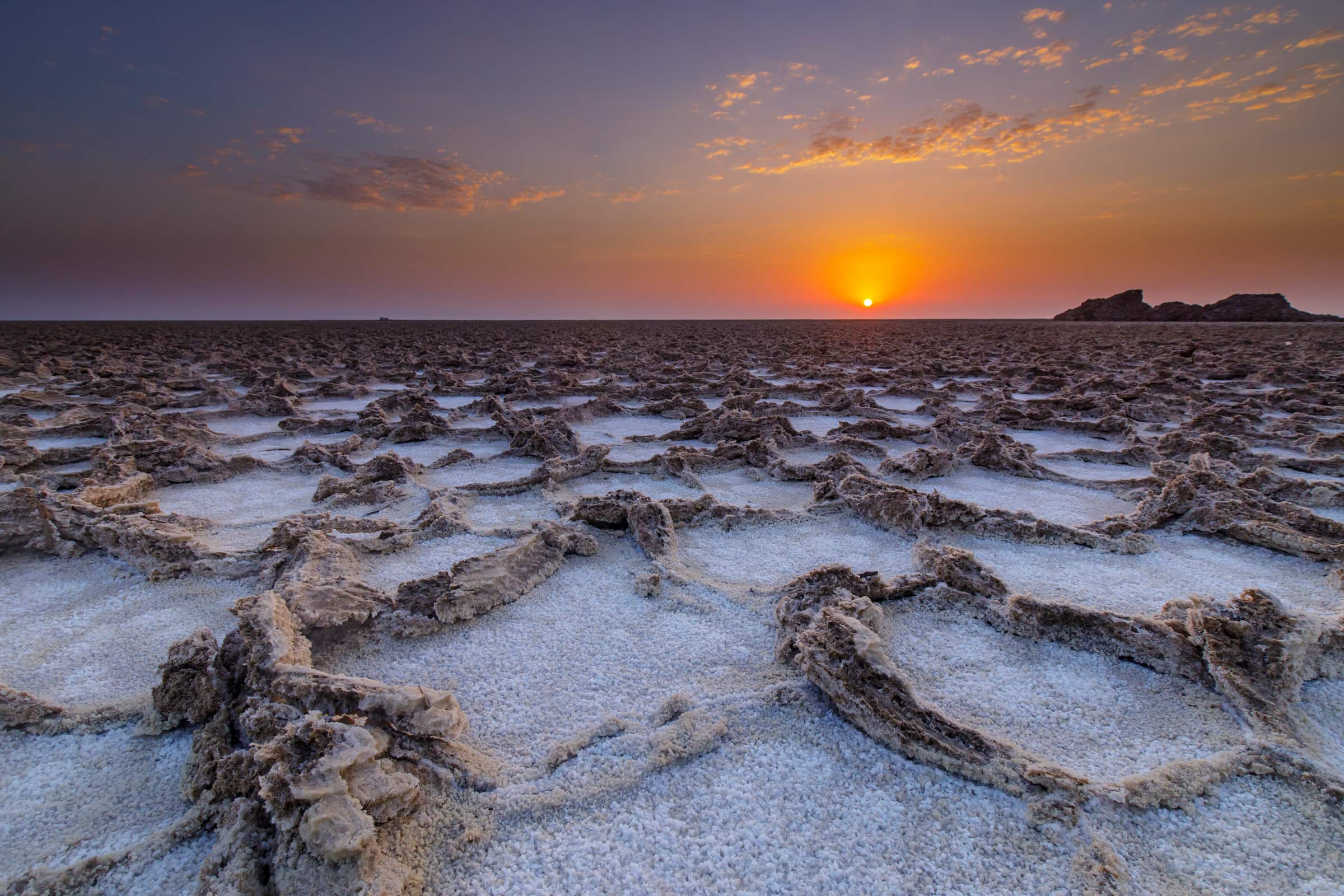 Sunrise over the salt flats of the Danakil Depression in Ethiopia